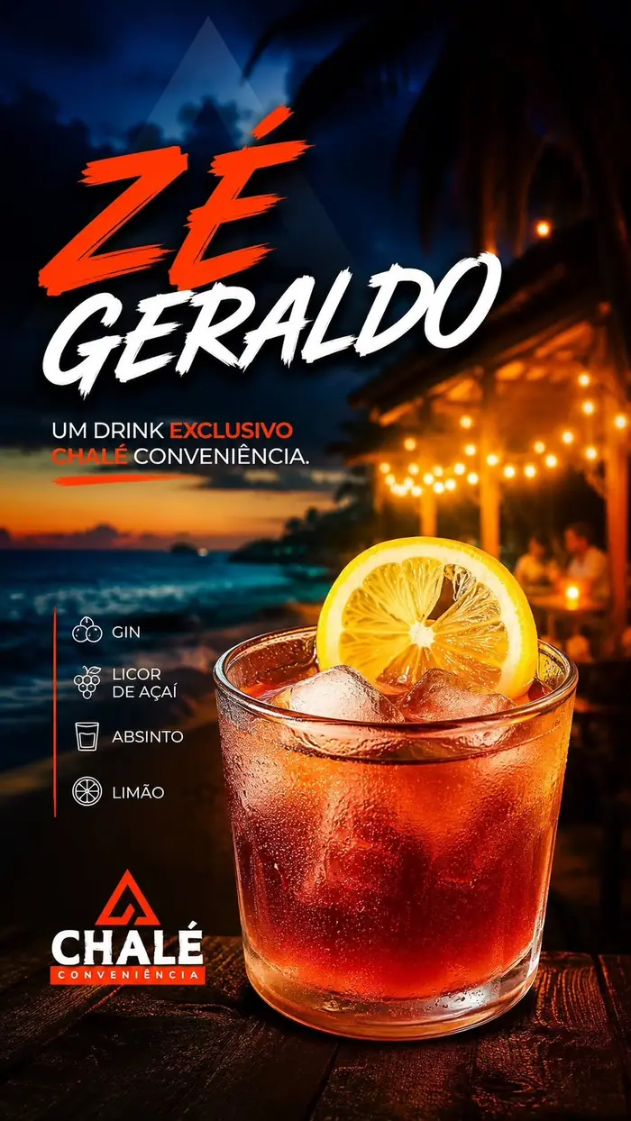 Cartaz do drink Zé Geraldo: copo baixo com drink avermelhado e rodela de limão, com a lista de ingredientes